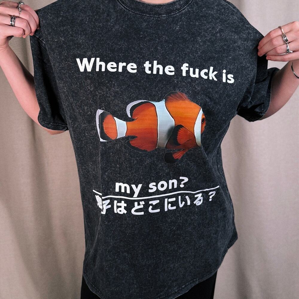 Cheeky Charcoal Acid Wash Nemo Meme Graphic Tee, Tokyo
